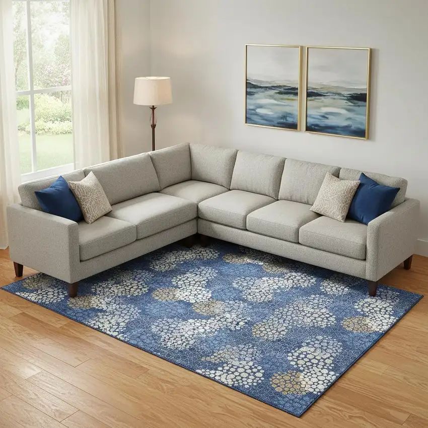 Navy Blue Ivory And Beige Polka Dot Washable Area Rug With UV Protection Photo 1