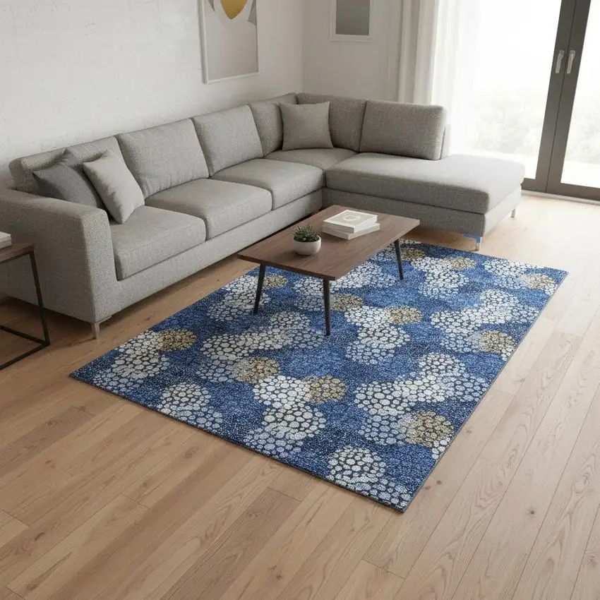 Navy Blue Ivory And Beige Polka Dot Washable Area Rug With UV Protection Photo 2