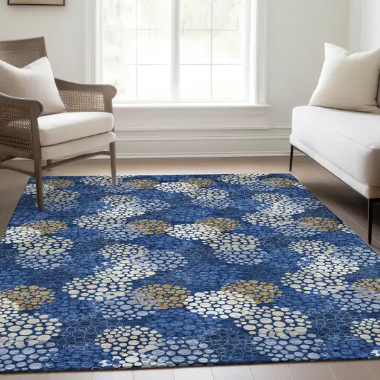 Navy Blue Ivory And Beige Polka Dot Washable Area Rug With UV Protection Photo 6
