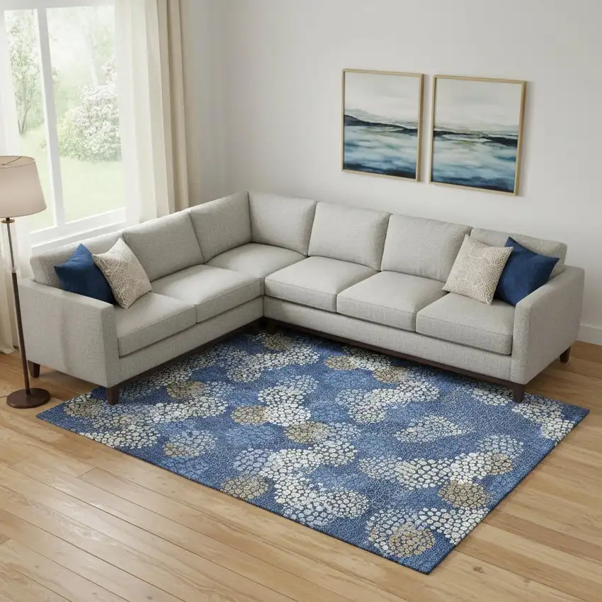 Navy Blue Ivory And Beige Polka Dot Washable Area Rug With UV Protection Photo 1