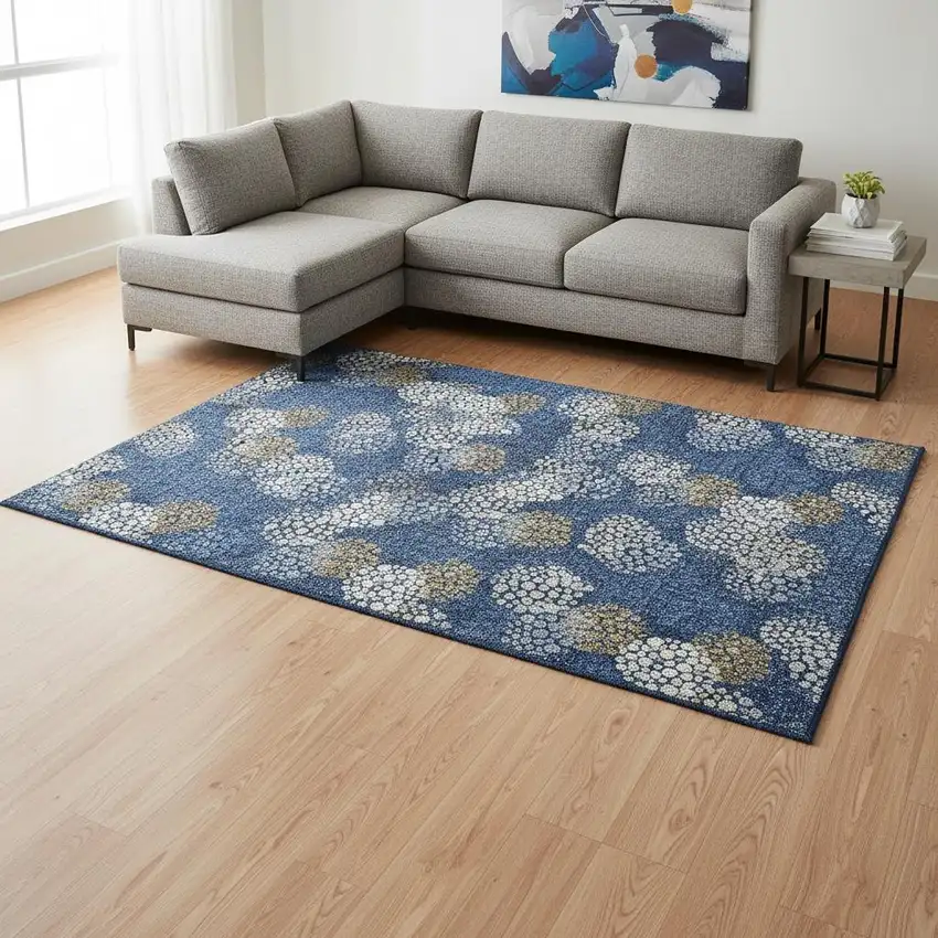 Navy Blue Ivory And Beige Polka Dot Washable Area Rug With UV Protection Photo 2