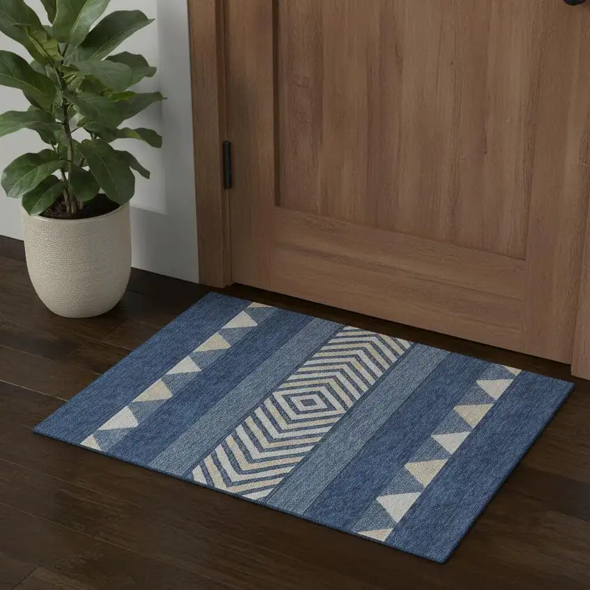 Navy Blue Ivory And Beige Southwestern Washable Area Rug With UV Protection Photo 1