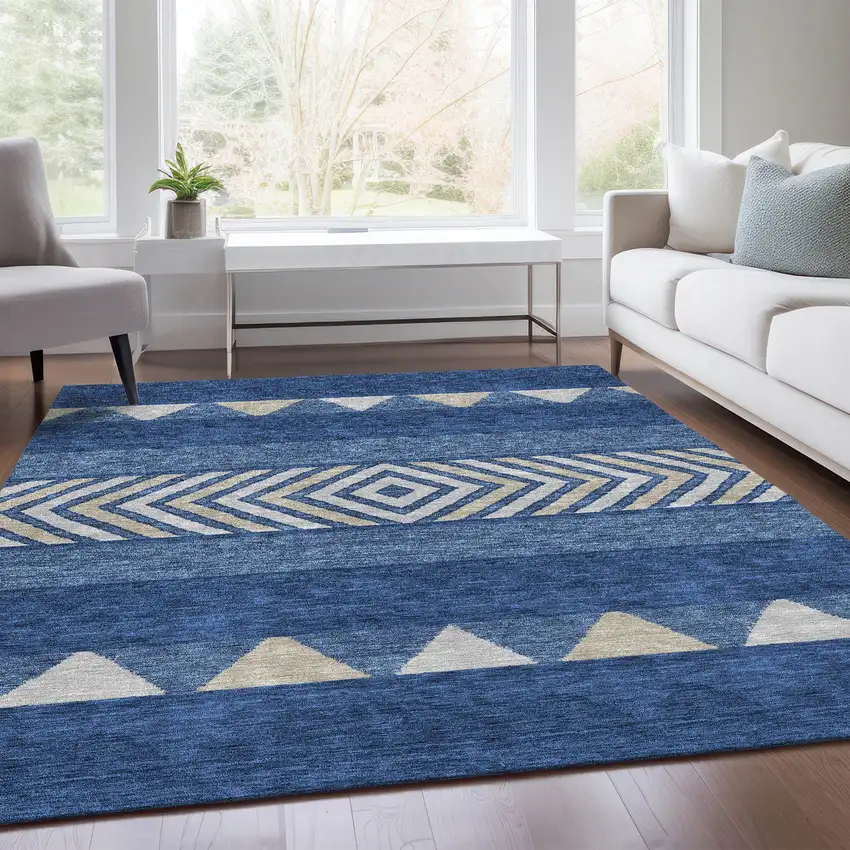 Navy Blue Ivory And Beige Southwestern Washable Area Rug With UV Protection Photo 5