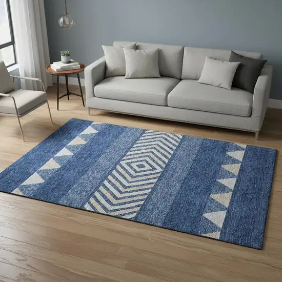 Navy Blue Ivory And Beige Southwestern Washable Area Rug With UV Protection Photo 2