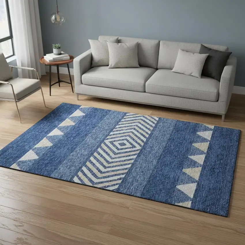 Navy Blue Ivory And Beige Southwestern Washable Area Rug With UV Protection Photo 2