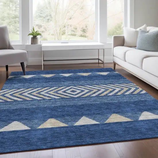 Navy Blue Ivory And Beige Southwestern Washable Area Rug With UV Protection Photo 5