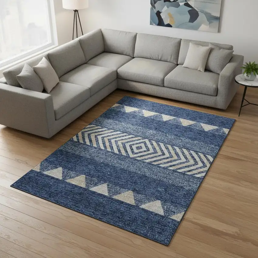 Navy Blue Ivory And Beige Southwestern Washable Area Rug With UV Protection Photo 2