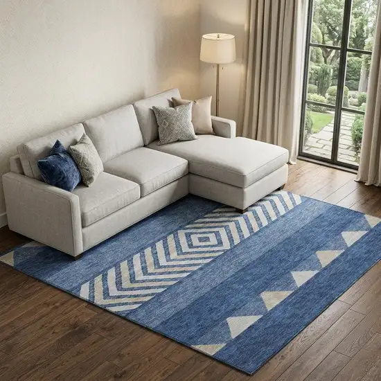 Navy Blue Ivory And Beige Southwestern Washable Area Rug With UV Protection Photo 1