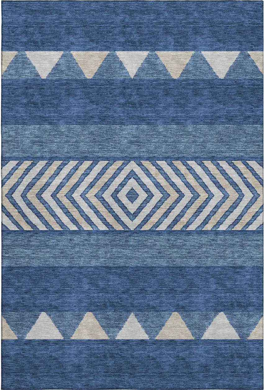 Navy Blue Ivory And Beige Southwestern Washable Area Rug With UV Protection Photo 1
