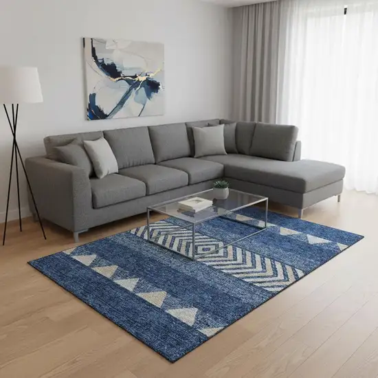 Navy Blue Ivory And Beige Southwestern Washable Area Rug With UV Protection Photo 2