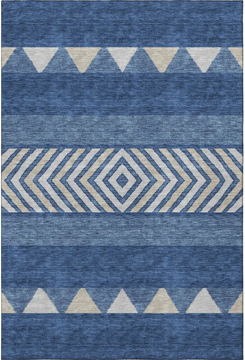 Navy Blue Ivory And Beige Southwestern Washable Area Rug With UV Protection Photo 3