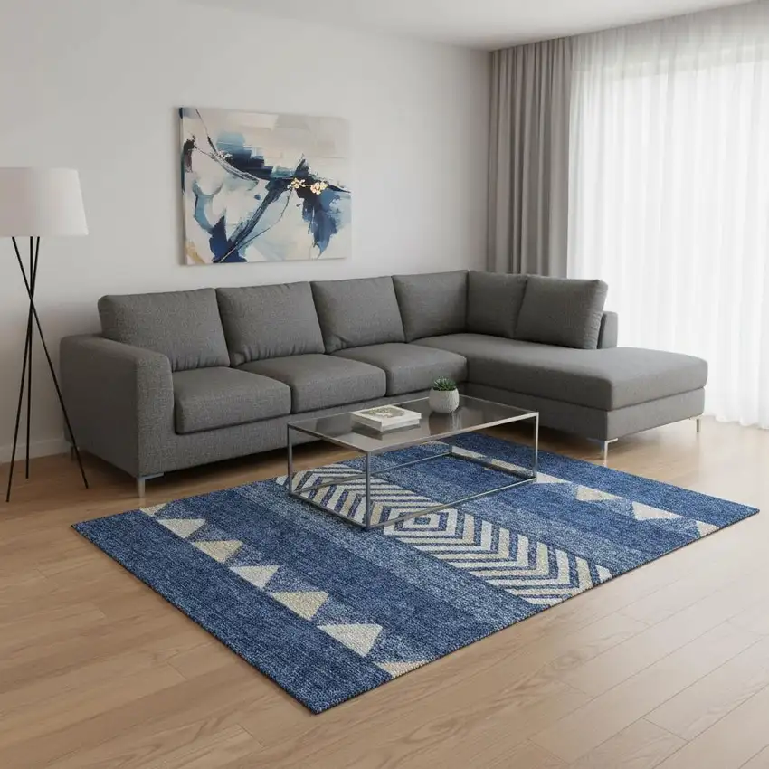 Navy Blue Ivory And Beige Southwestern Washable Area Rug With UV Protection Photo 2