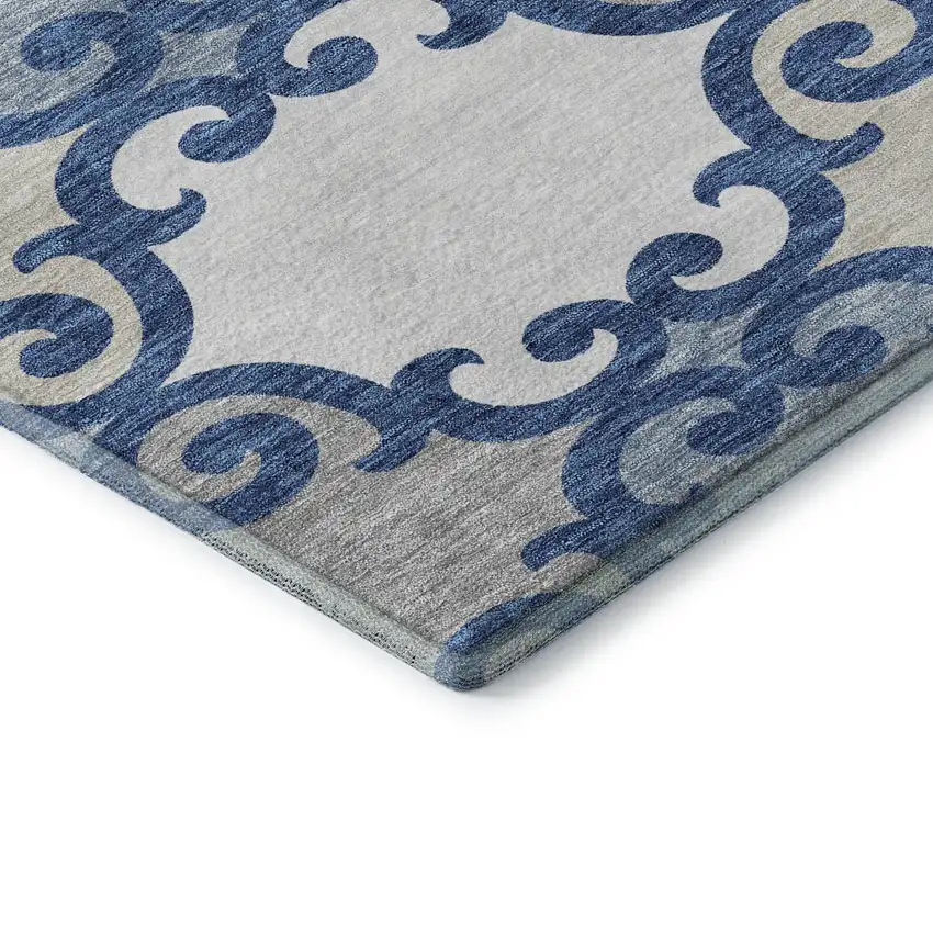 Navy Blue Ivory And Beige Trellis Washable Area Rug With UV Protection Photo 7