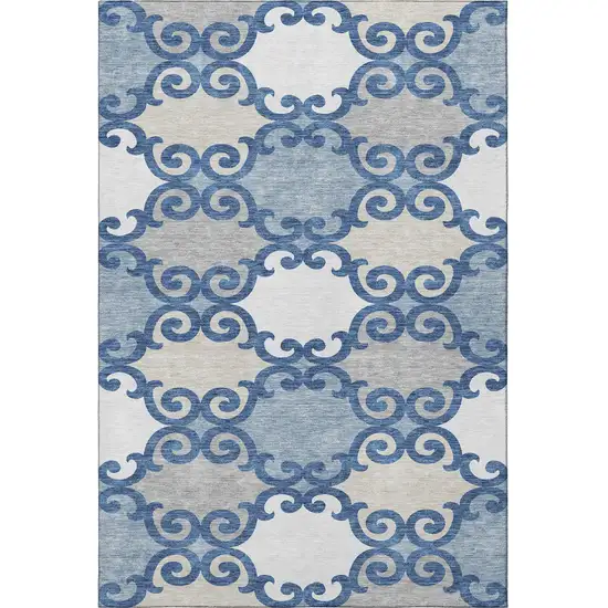 Navy Blue Ivory And Beige Trellis Washable Area Rug With UV Protection Photo 3