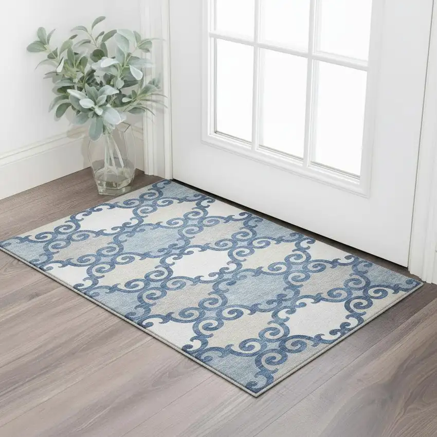 Navy Blue Ivory And Beige Trellis Washable Area Rug With UV Protection Photo 2