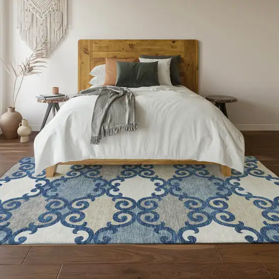 Navy Blue Ivory And Beige Trellis Washable Area Rug With UV Protection Photo 5