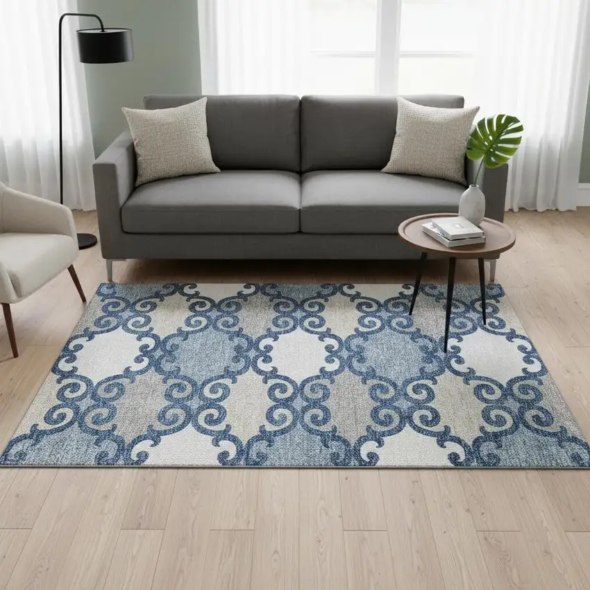 Navy Blue Ivory And Beige Trellis Washable Area Rug With UV Protection Photo 2