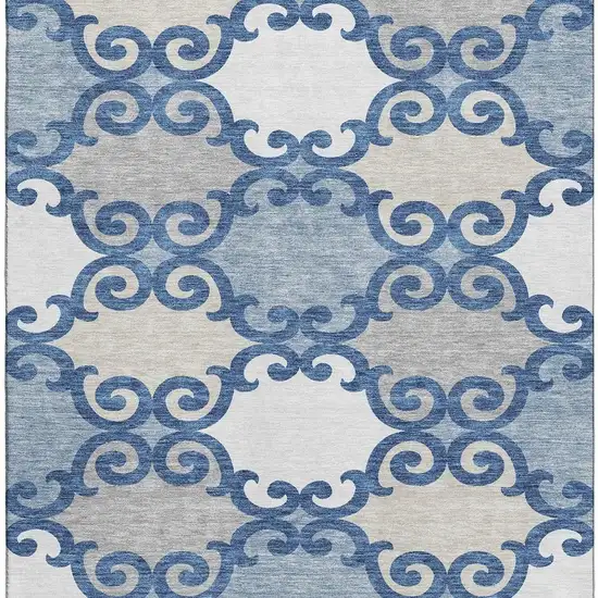 Navy Blue Ivory And Beige Trellis Washable Area Rug With UV Protection Photo 4