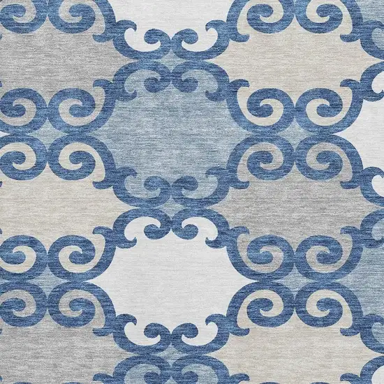 Navy Blue Ivory And Beige Trellis Washable Area Rug With UV Protection Photo 3