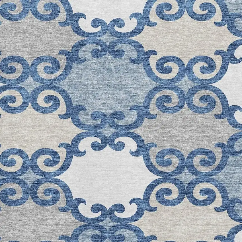 Navy Blue Ivory And Beige Trellis Washable Area Rug With UV Protection Photo 3