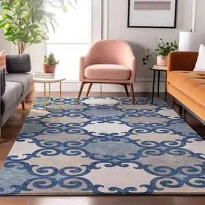 Photo of Navy Blue Ivory And Beige Trellis Washable Area Rug With UV Protection