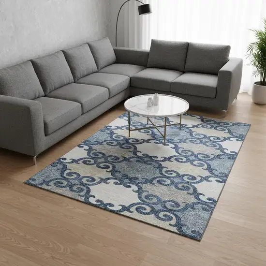 Navy Blue Ivory And Beige Trellis Washable Area Rug With UV Protection Photo 2