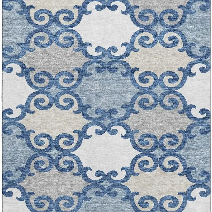 Navy Blue Ivory And Beige Trellis Washable Area Rug With UV Protection Photo 3