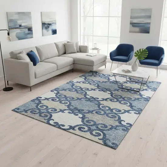 Navy Blue Ivory And Beige Trellis Washable Area Rug With UV Protection Photo 2