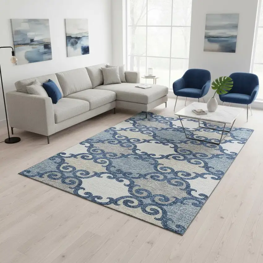 Navy Blue Ivory And Beige Trellis Washable Area Rug With UV Protection Photo 2