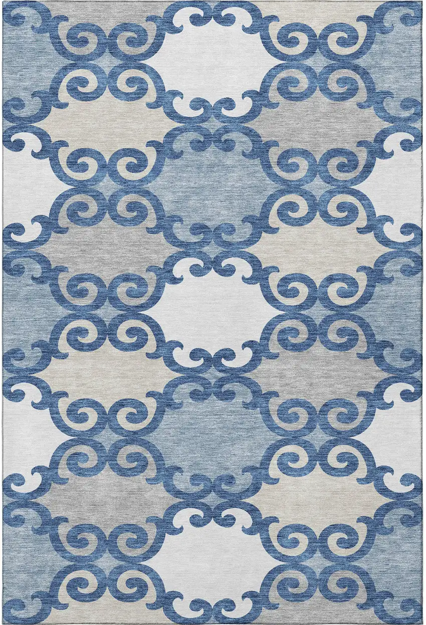 Navy Blue Ivory And Beige Trellis Washable Area Rug With UV Protection Photo 4