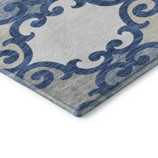 Navy Blue Ivory And Beige Trellis Washable Area Rug With UV Protection Photo 8