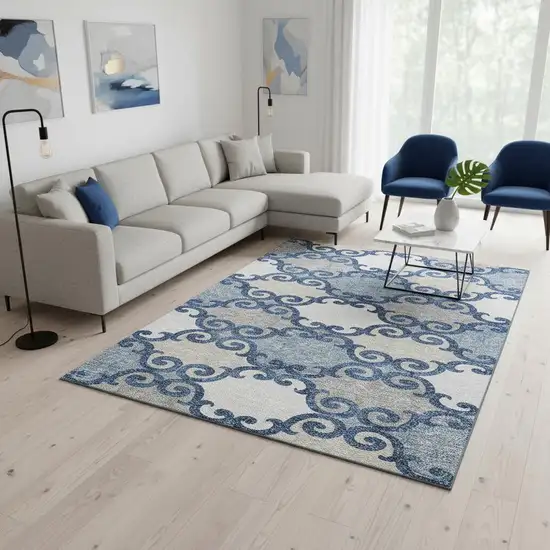 Navy Blue Ivory And Beige Trellis Washable Area Rug With UV Protection Photo 2