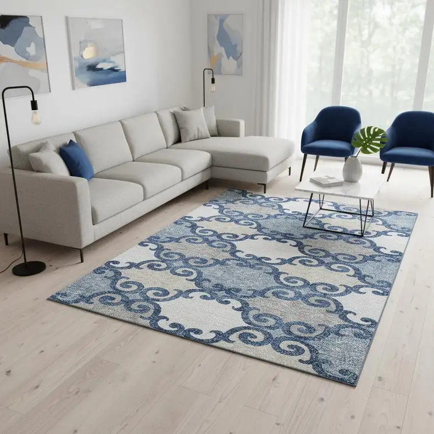 Navy Blue Ivory And Beige Trellis Washable Area Rug With UV Protection Photo 2