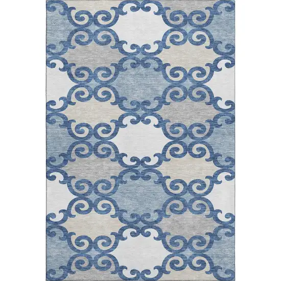 Navy Blue Ivory And Beige Trellis Washable Area Rug With UV Protection Photo 1