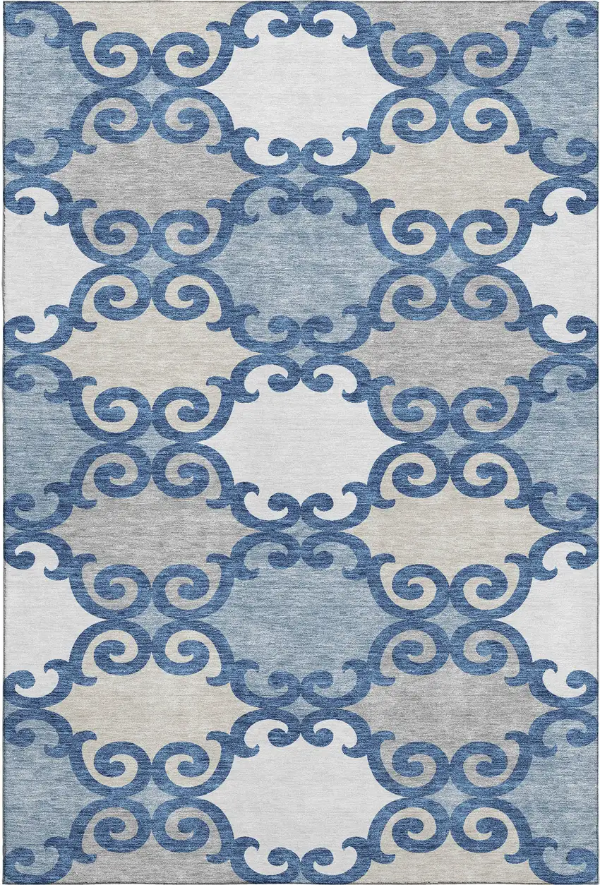 Navy Blue Ivory And Beige Trellis Washable Area Rug With UV Protection Photo 1