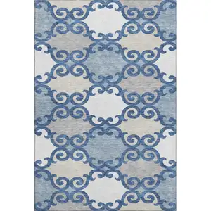 Photo of Navy Blue Ivory And Beige Trellis Washable Area Rug With UV Protection