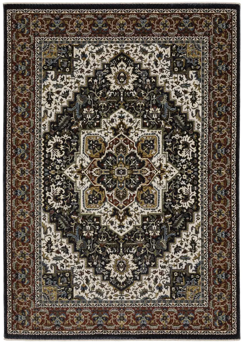 Navy Blue Ivory And Black Medallion Area Rug With Fringe Photo 2
