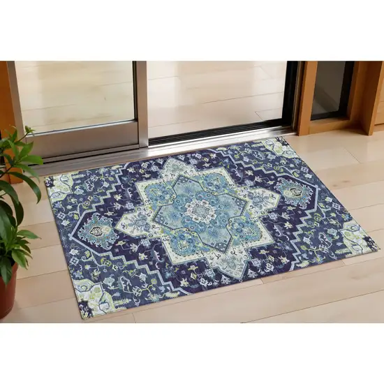 Navy Blue Ivory And Black Oriental Washable Indoor Outdoor Area Rug Photo 1