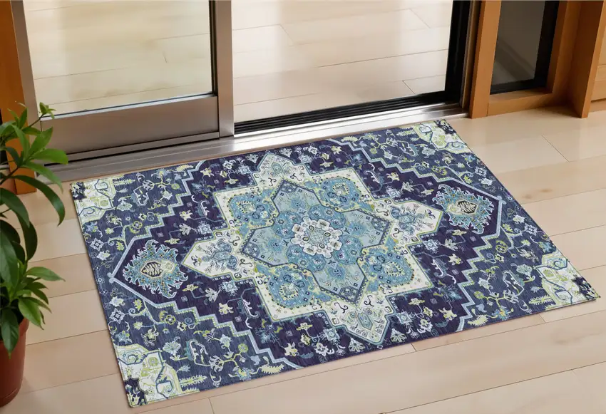 Navy Blue Ivory And Black Oriental Washable Indoor Outdoor Area Rug Photo 1