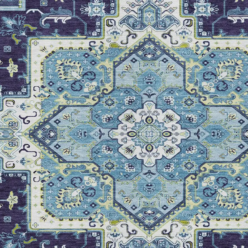Navy Blue Ivory And Black Oriental Washable Indoor Outdoor Area Rug Photo 7