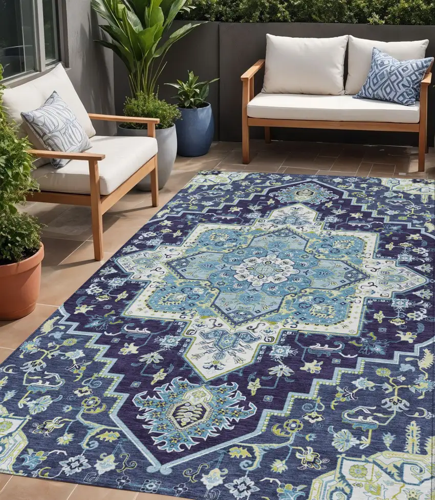 Navy Blue Ivory And Black Oriental Washable Indoor Outdoor Area Rug Photo 1
