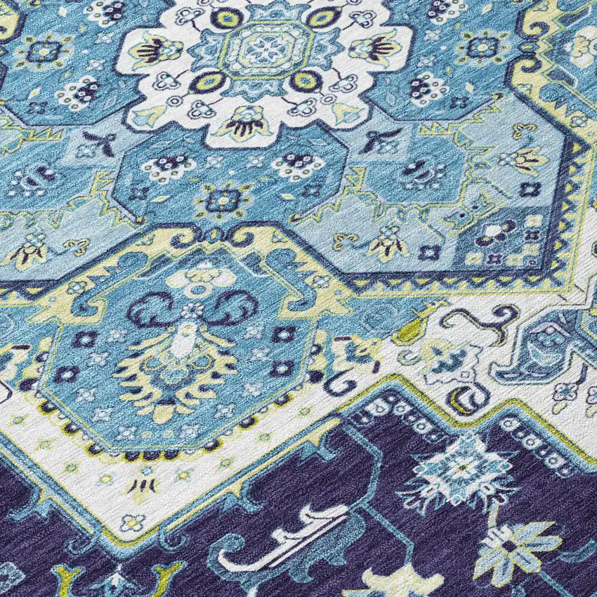 Navy Blue Ivory And Black Oriental Washable Indoor Outdoor Area Rug Photo 6