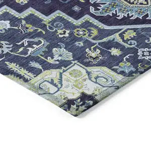 Photo of Navy Blue Ivory And Black Oriental Washable Indoor Outdoor Area Rug