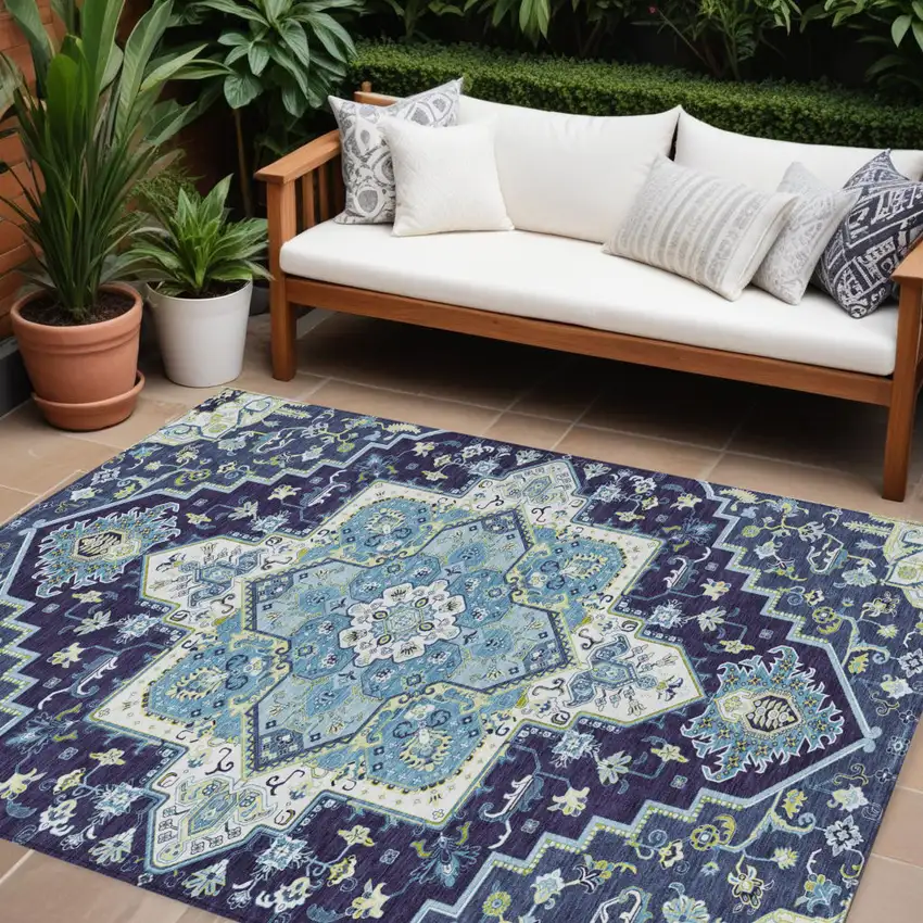 Navy Blue Ivory And Black Oriental Washable Indoor Outdoor Area Rug Photo 1