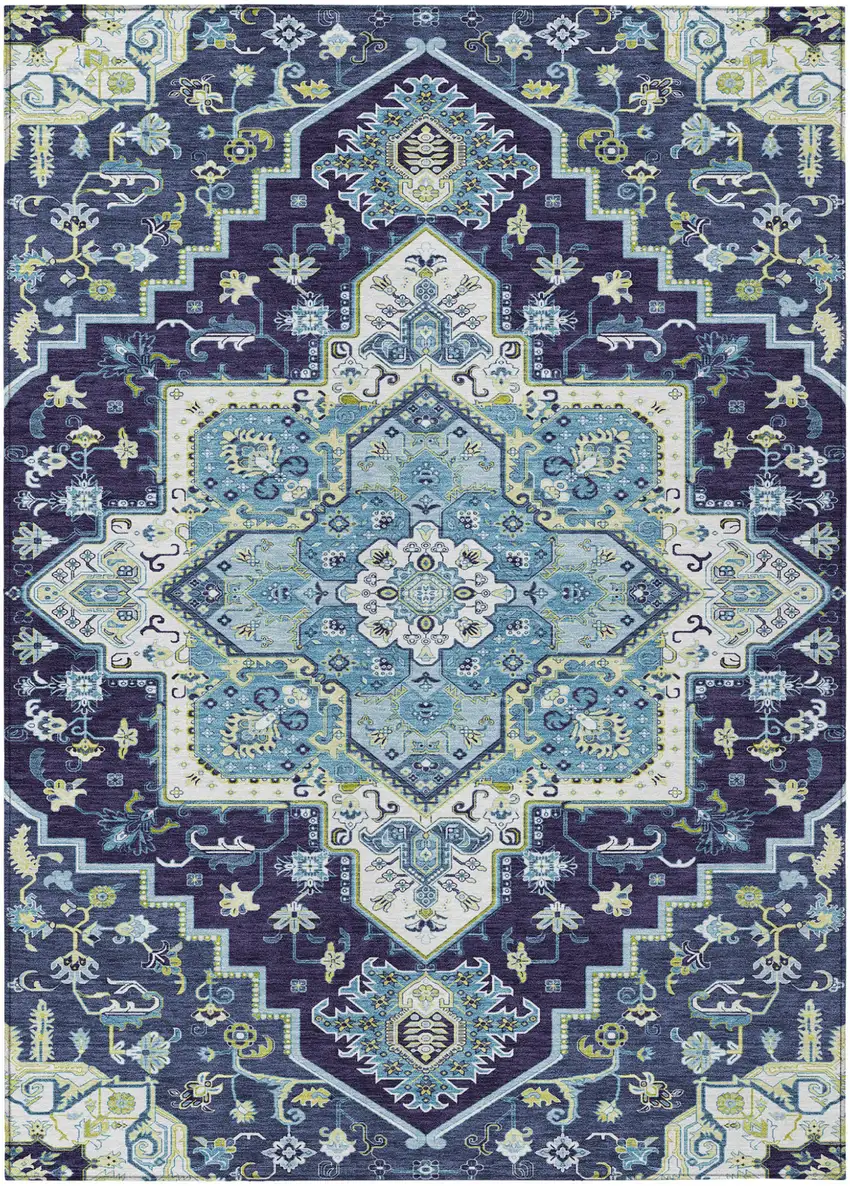 Navy Blue Ivory And Black Oriental Washable Indoor Outdoor Area Rug Photo 2