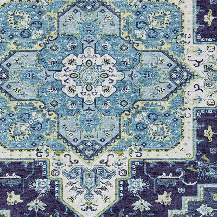 Navy Blue Ivory And Black Oriental Washable Indoor Outdoor Area Rug Photo 7