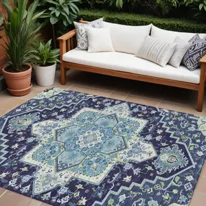 Photo of Navy Blue Ivory And Black Oriental Washable Indoor Outdoor Area Rug