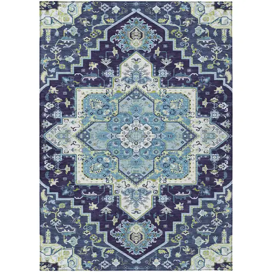 Navy Blue Ivory And Black Oriental Washable Indoor Outdoor Area Rug Photo 2