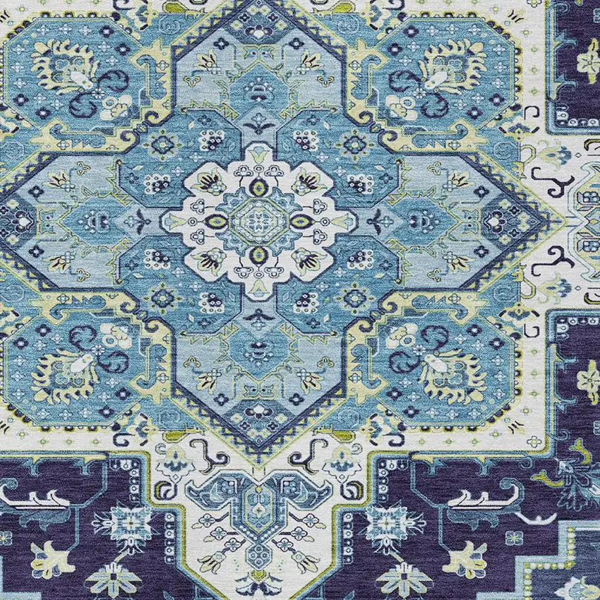 Navy Blue Ivory And Black Oriental Washable Indoor Outdoor Area Rug Photo 7