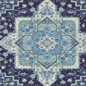 Photo of Navy Blue Ivory And Black Oriental Washable Indoor Outdoor Area Rug